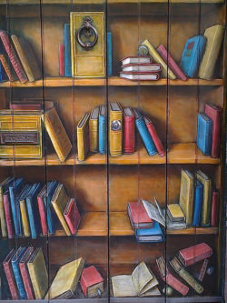 image illustration of a bookshelf with assorted colorful books