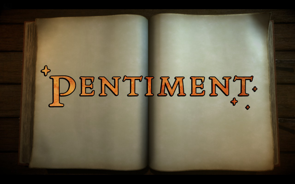 Open book with the word "Pentiment" overtop in a fiery orange front.