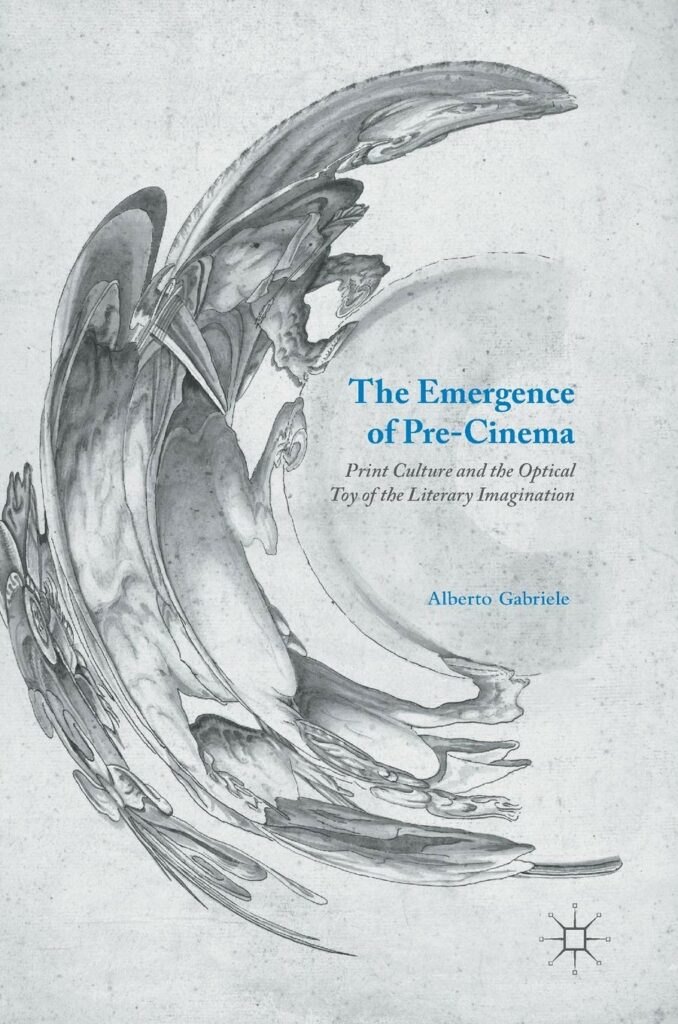 Detail from cover of The Emergence of Pre-Cinema, featuring an abstract black and white swirl around the title