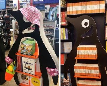 Photos of a Penguin Books display with a penguin-shaped bookshelf