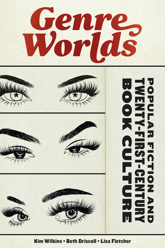 Cover of Genre Worlds. Three sets of eyes with long eyelashes and sculpted eyebrows look ahead.