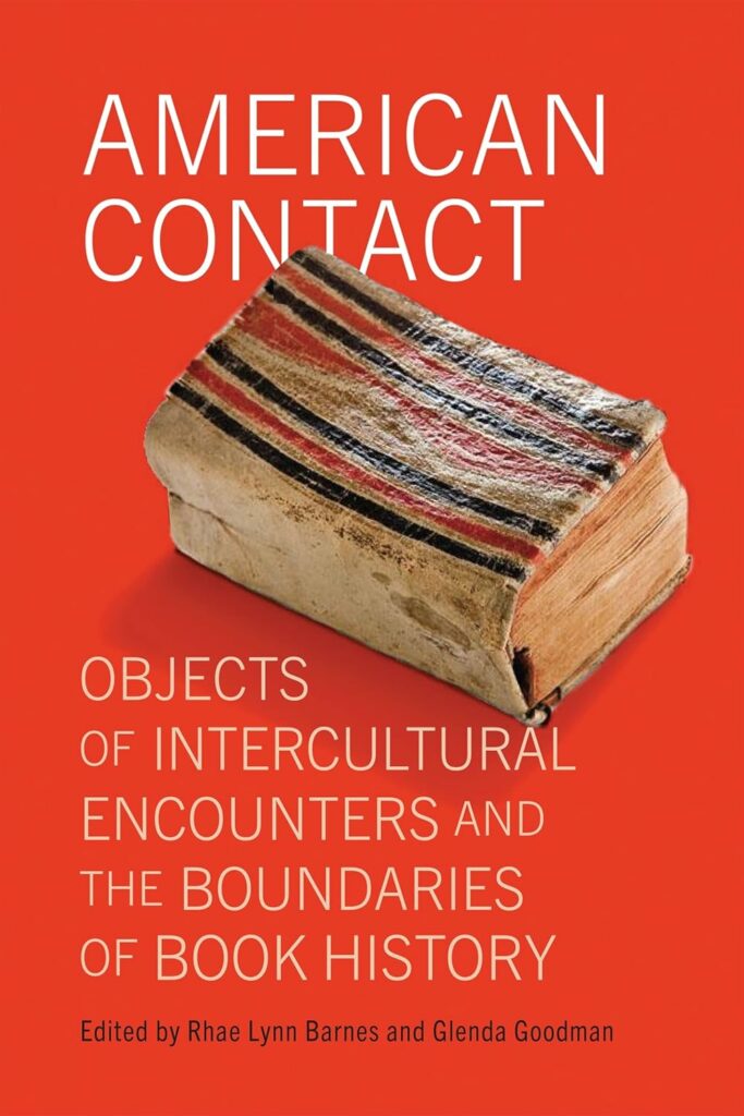 Cover of American Contact showing the title and a photograph of a small, red and black striped book on a red background.