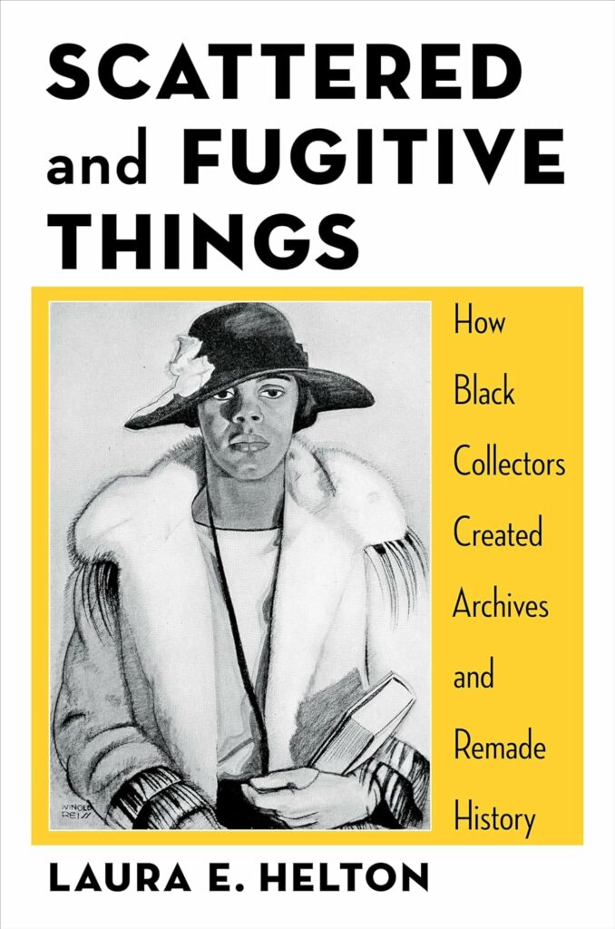 Cover of Scattered and Fugitive Things, showing a black and white illustration of a Black woman in a fringed jacket, framed by a yellow background.