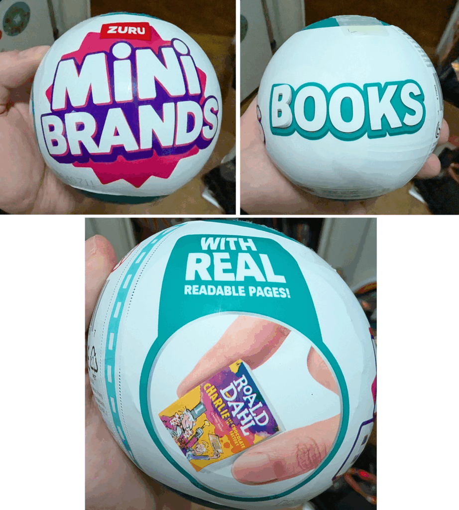 Some shots of the capsules. In large font, MINI BRANDS, then BOOKS, followed by the allure of “real, readable pages!” with an image of Roald Dahl’s Charlie and the Chocolate Factory.