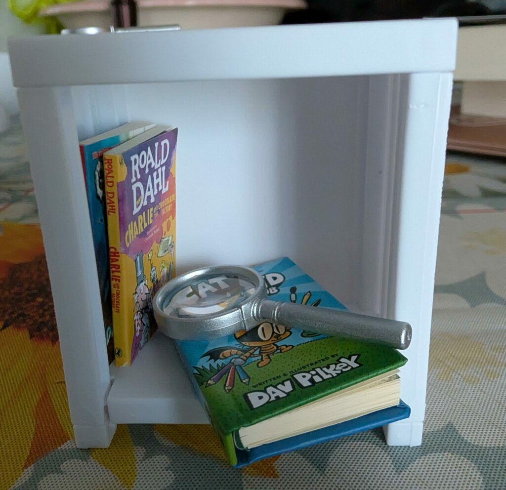 A completed mini shelf. Two books, Deep Trouble by RL Stine and Charlie and Chocolate Factory by Roald Dahl stand up. Cat Kid Comic Club by Dav Pilkey lays flat with a magnifying glass on top of it.