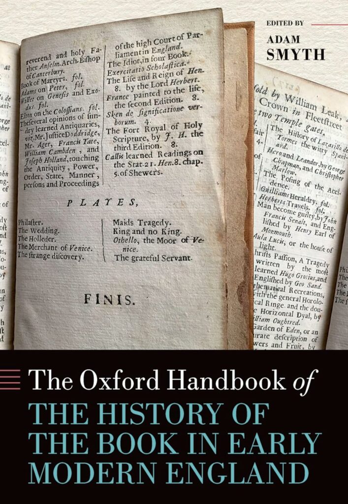 Book cover showing a photograph of printed book pages above a solid black rectangle displaying the title: "The Oxford Handbook of the History of the Book in Early Modern England"