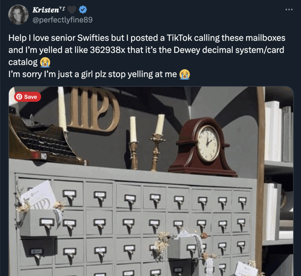 A Tweet illustrating online discussion of card catalogs by Taylor Swift fans.