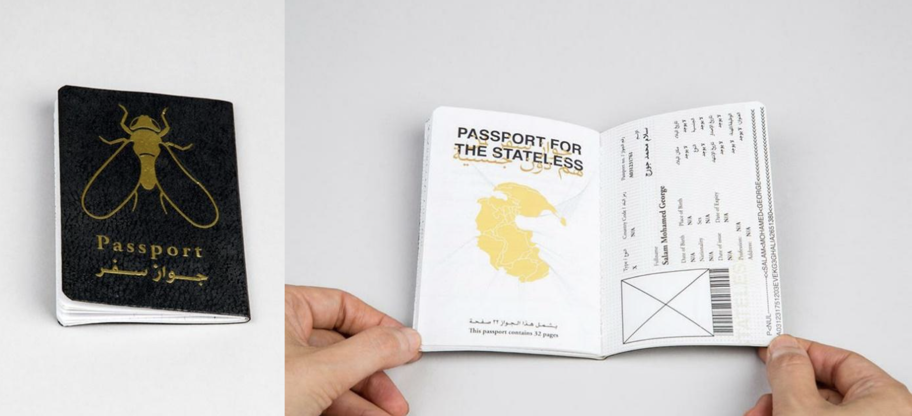 Left: A photograph of “Passport for the stateless” by Ahmad Hammoud. The front cover is black with a big, gold-embossed image of a fly and the word “Passport” in English and Arabic, also in gold embossment.
Right: A photograph of the first interior spread of “Passport for the stateless”. To the right, the typical first page of a passport, with the holder’s name, “Salam Mohamed George” and space for personal data, though none is specified, and for a photo, which is also missing. On the left page, the mention “Passport for the stateless” and the silhouette of an imaginary country.