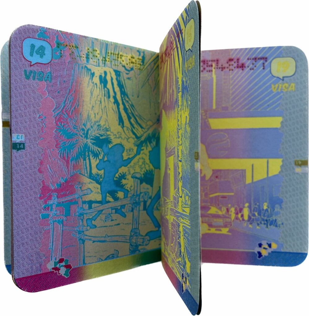 A photo of a copy of “Passeport” by Sébastien Conard, standing open. The interior pages that are visible show scenes of famous Belgian comics, printed in bright neon colors, but with characters represented only as silhouettes. The pages also feature page numbers in speech bubbles as well as usual visual safety features of a passport, such as the passport number, printed to imitate laser perforations, at the top, and a small map of Belgium at the bottom.