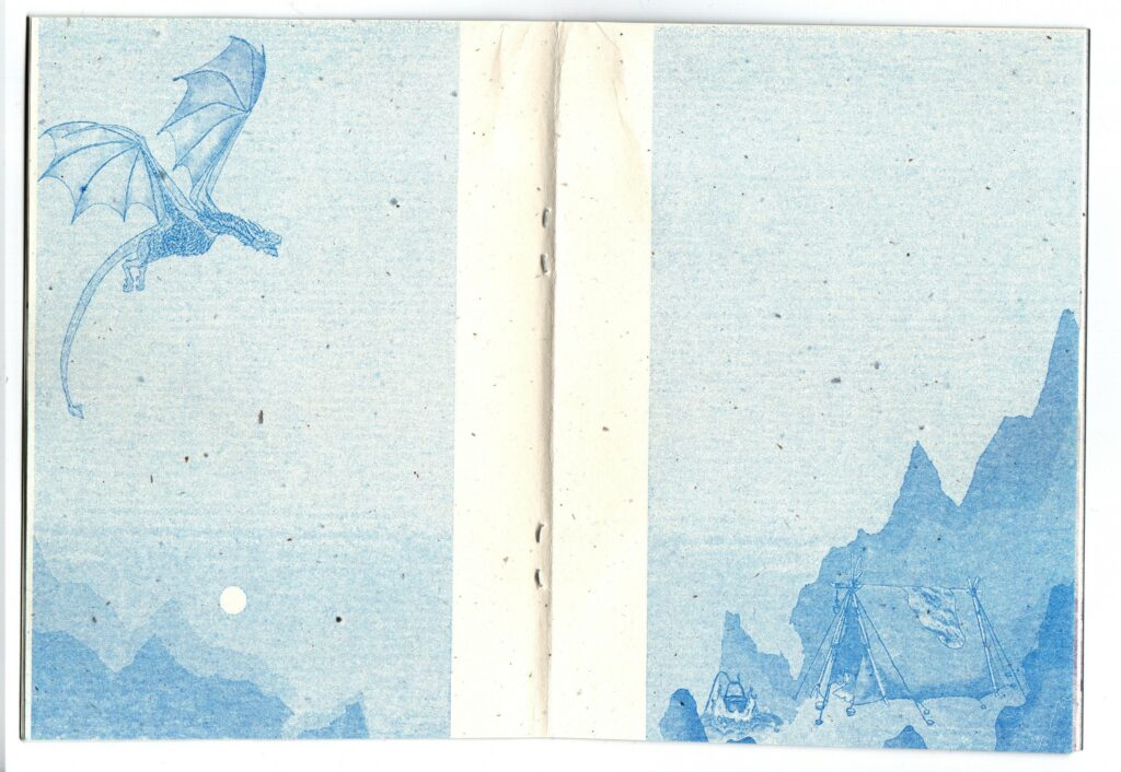 Inside spread of the Bookland Passport. Both pages feature illustrations only, both exclusively in blue. On the left, a dragon flying high above the mountains at dusk, on the right, another ragged mountain landscape with a tent and a kettle above a fire installed between the rocks.