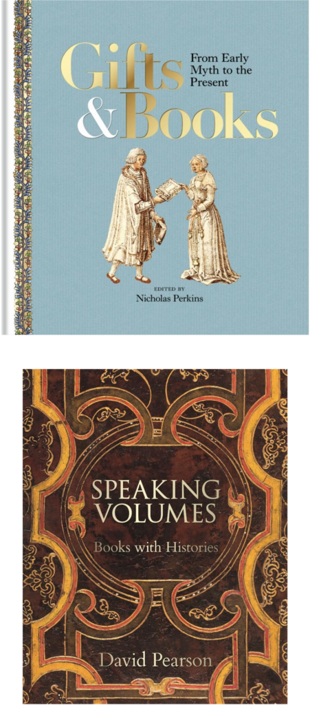 Cover of Perkins, showing illustration of a man gifting a woman a book, and Pearson, showing decorative tooling.