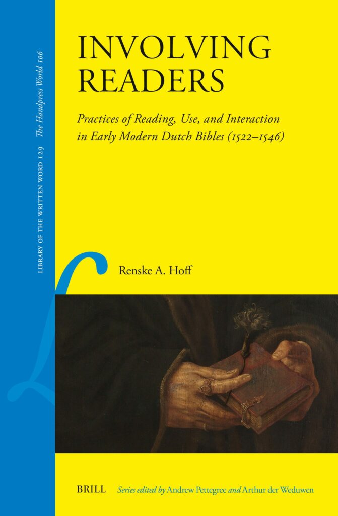 Cover of Involving Readers, showing a detail of a painting, which depicts a person's hands holding a book, on a yellow field.
