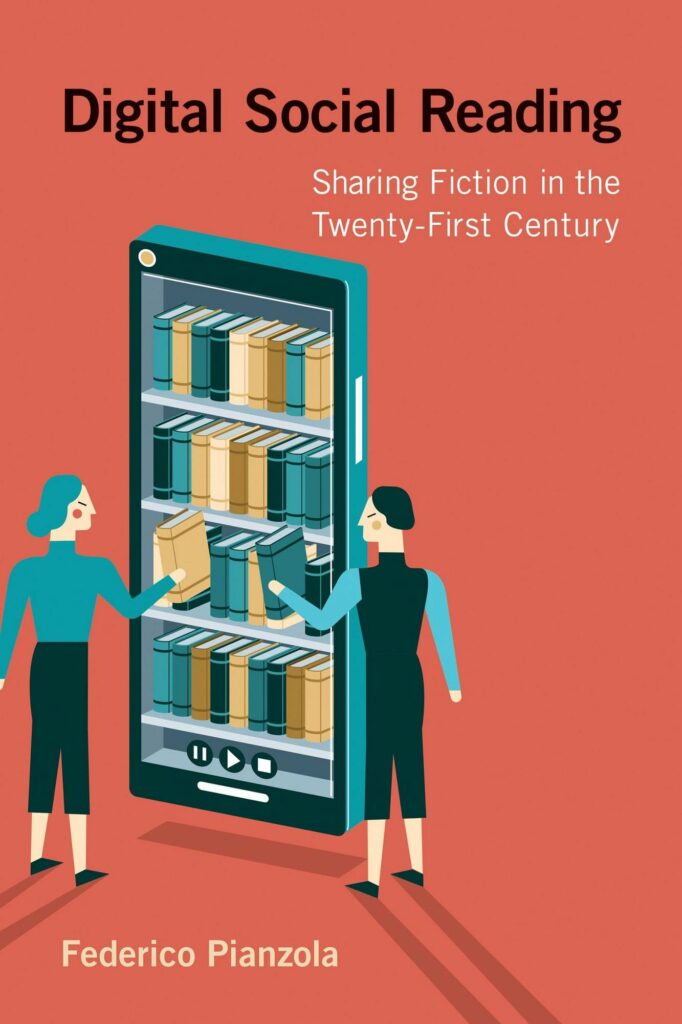 Cover of Digital Social Reading, showing an illustration of two people touching a phone screen displaying a book vending machine.