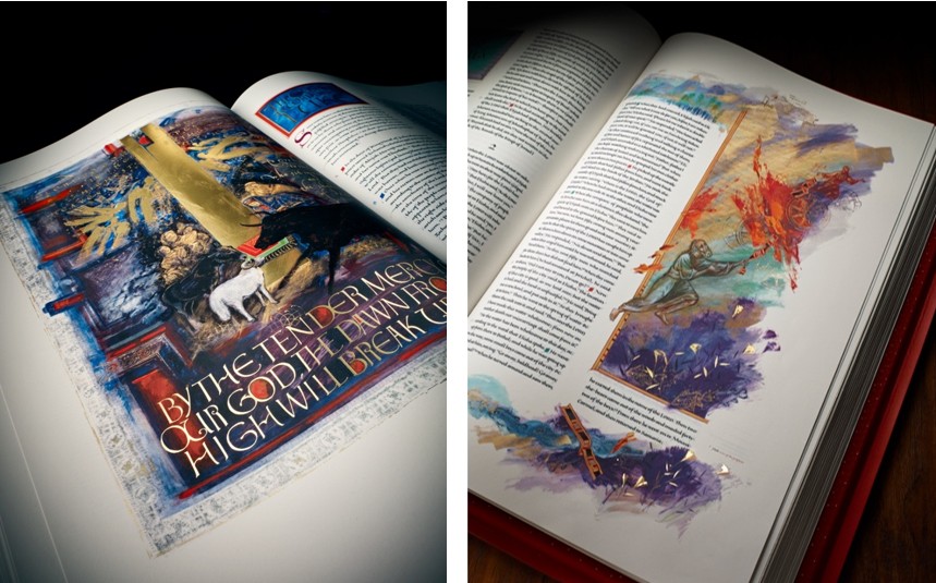 Figure 1 (Left) The Birth of Christ, frontispiece to the Gospel of Luke. Artwork by Donald Jackson. Figure 2 (Right) Elijah and the Fiery Chariot (2 Kings 2). Artwork by Donald Jackson.